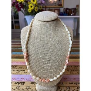 Vintage Puka Shell Beaded Necklace Coral Ivory Seed Bead Screw Clasp Beachy
